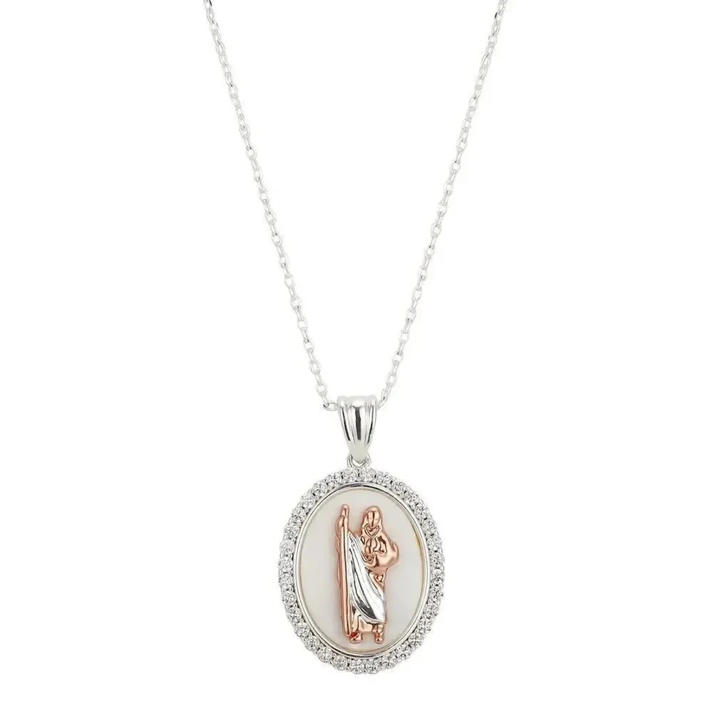 Gratitude & Grace CZ Mother-of-Pearl Inlay Two-Tone Saint Pendant Necklace